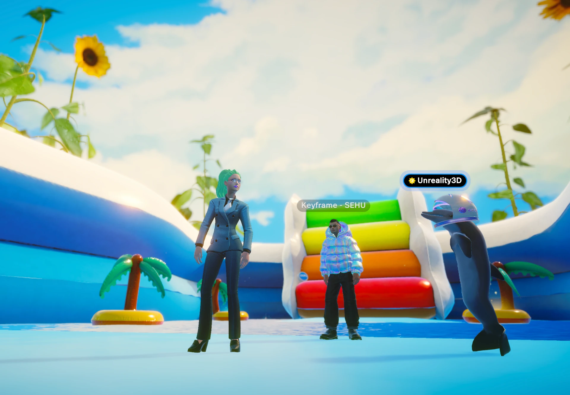 Avatars and a dolphin character in a bright summer pool world during a museum meetup