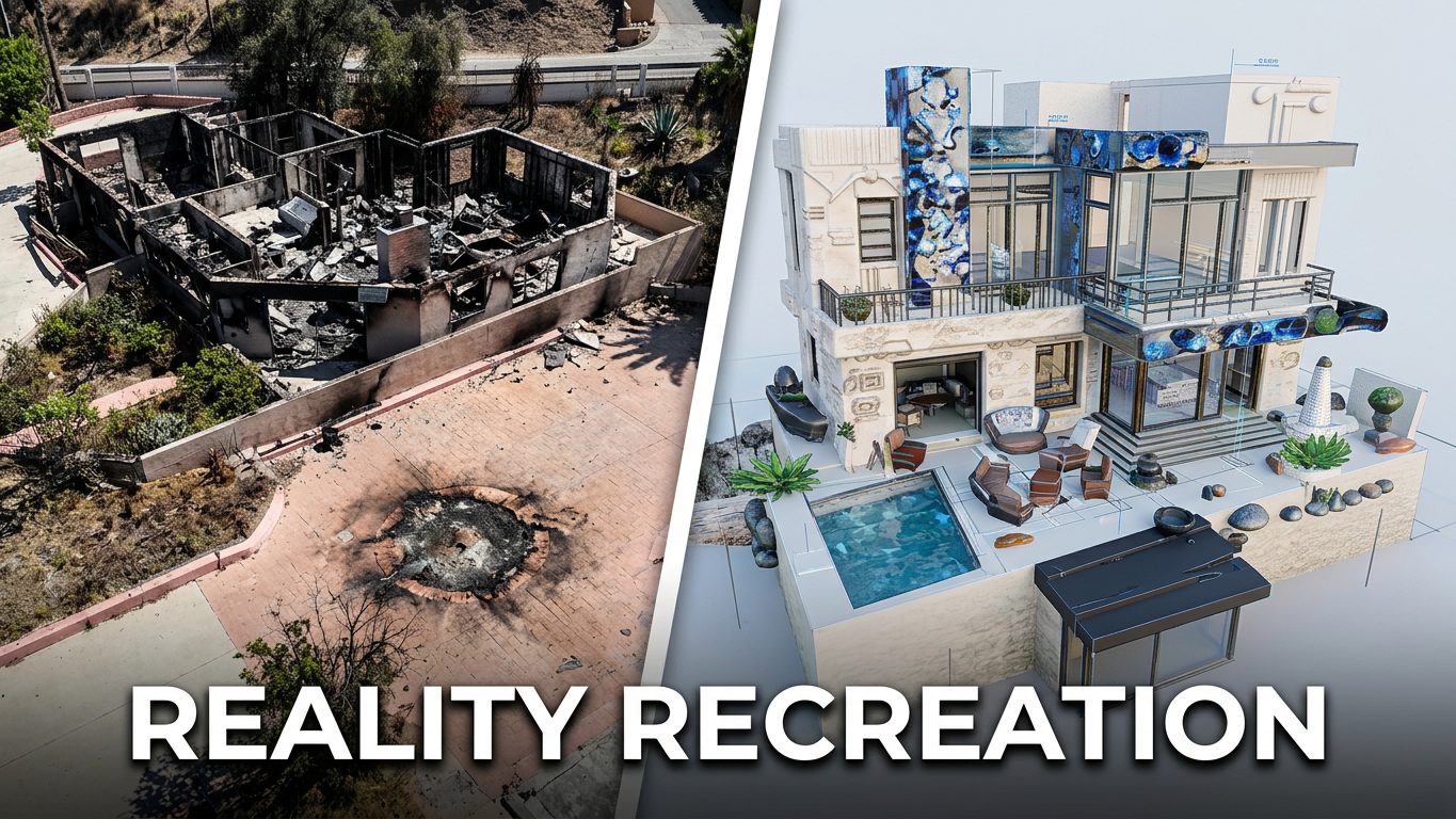 Split image: burned foundation of the Los Angeles home on the left, generative 3D reality recreation of the rebuilt home on the right, labeled Reality Recreation