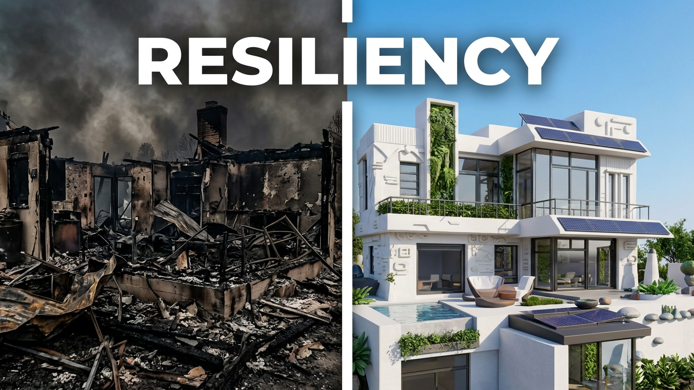 Before-and-after split of the burned home and the resilient generative rebuild with solar arrays and green roofs, labeled Resiliency
