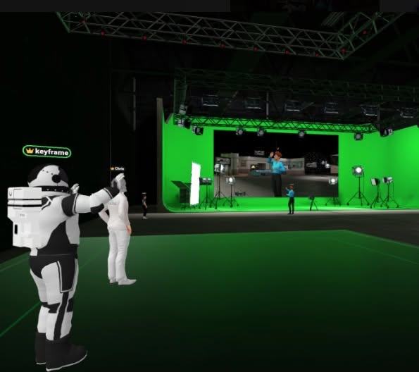 Avatars watching a green screen stage with studio lights