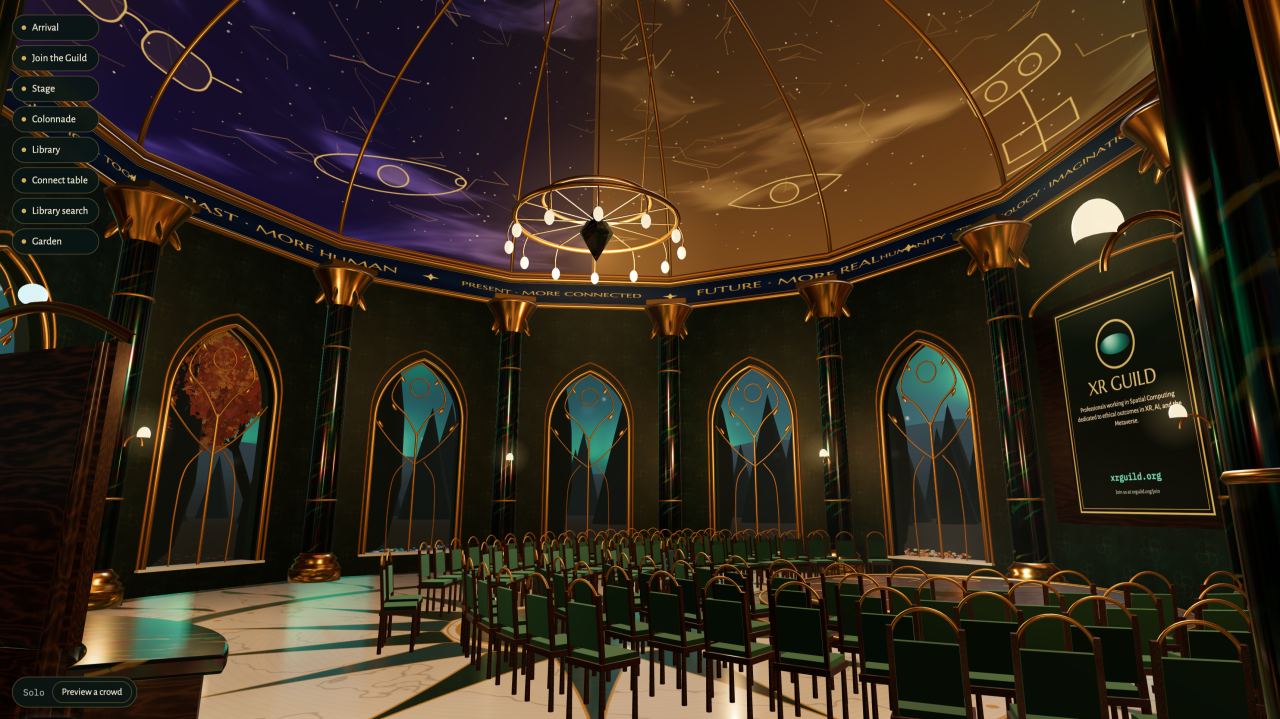 Early XR Guild Hall build, with an arched interior and seating for gatherings