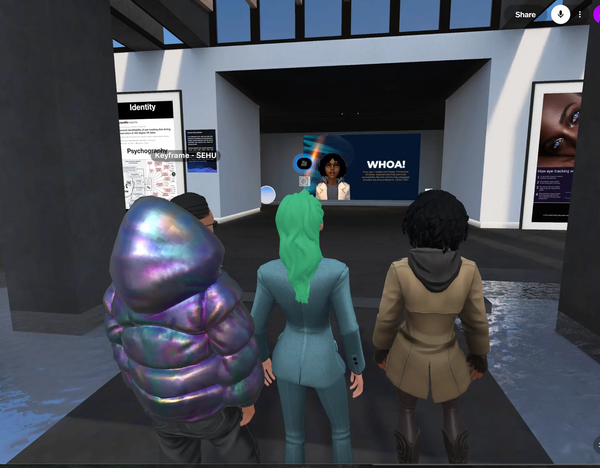 Visitors gathered in the Virtual Worlds Museum Identity exhibit, reading research panels on eye tracking and biometric privacy