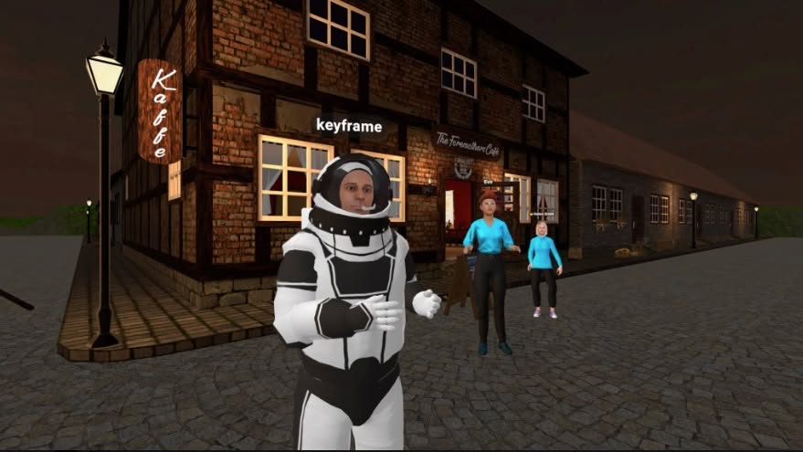 Avatars outside a half-timbered cafe on a cobblestone street in Engage