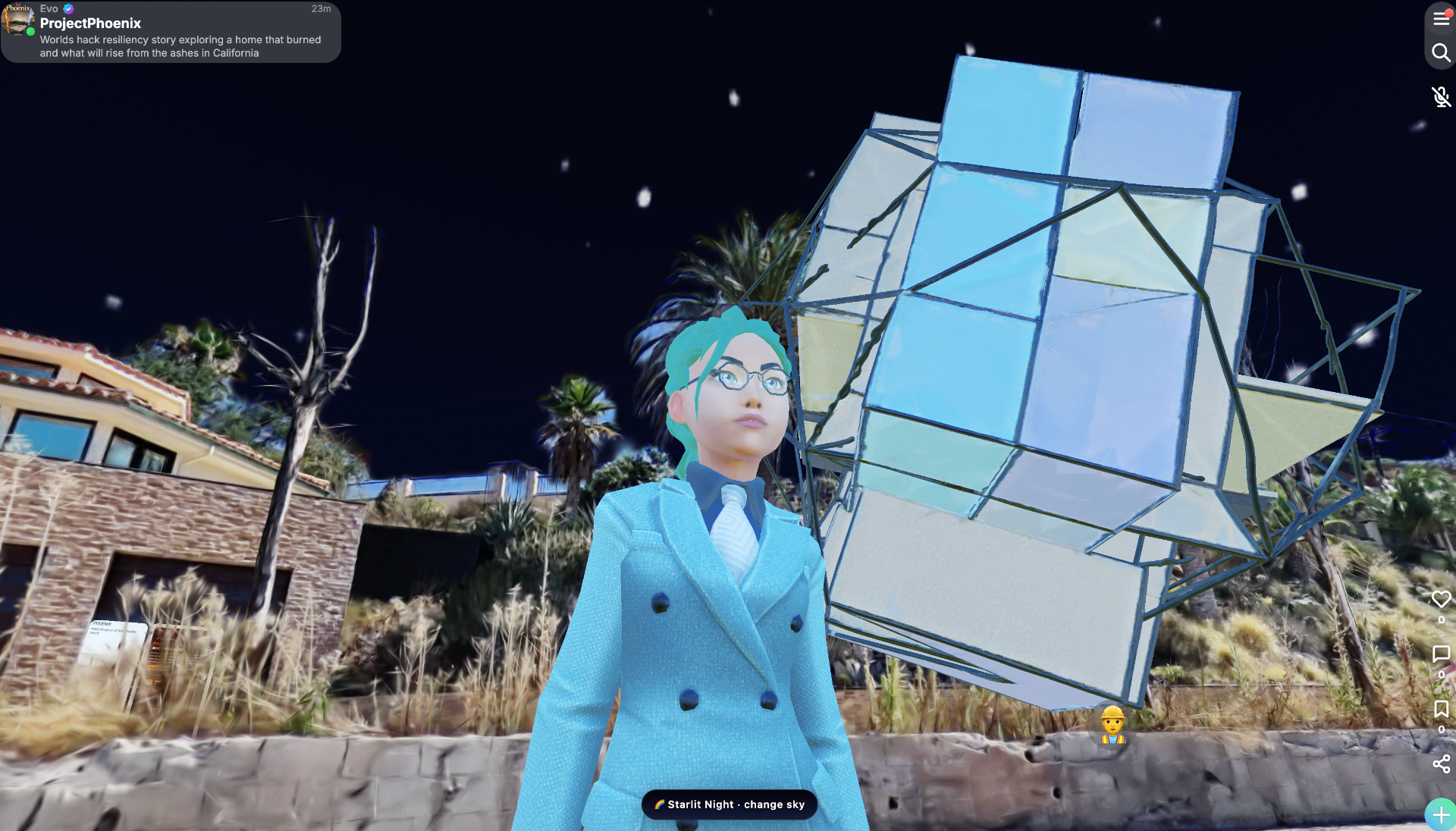Phoenix avatar standing in front of a generated architectural rebuild inside Arrival.space at night