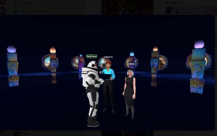 Three avatars talking among glowing carved totems in a dark gallery